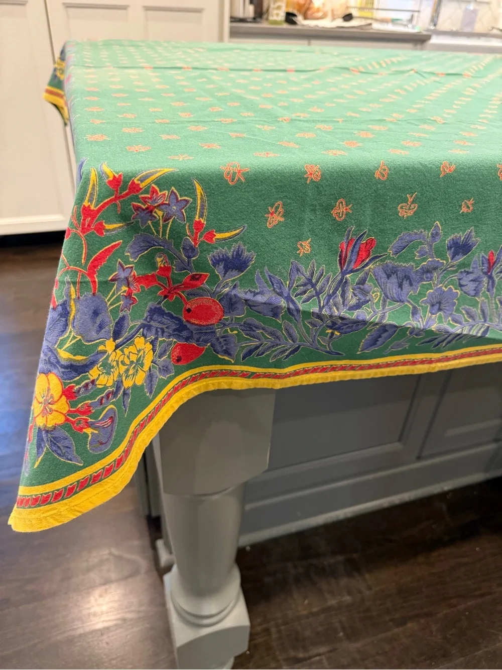 Williams Sonoma Vintage Provence Green Floral Tablecloth French Country 54 x 54